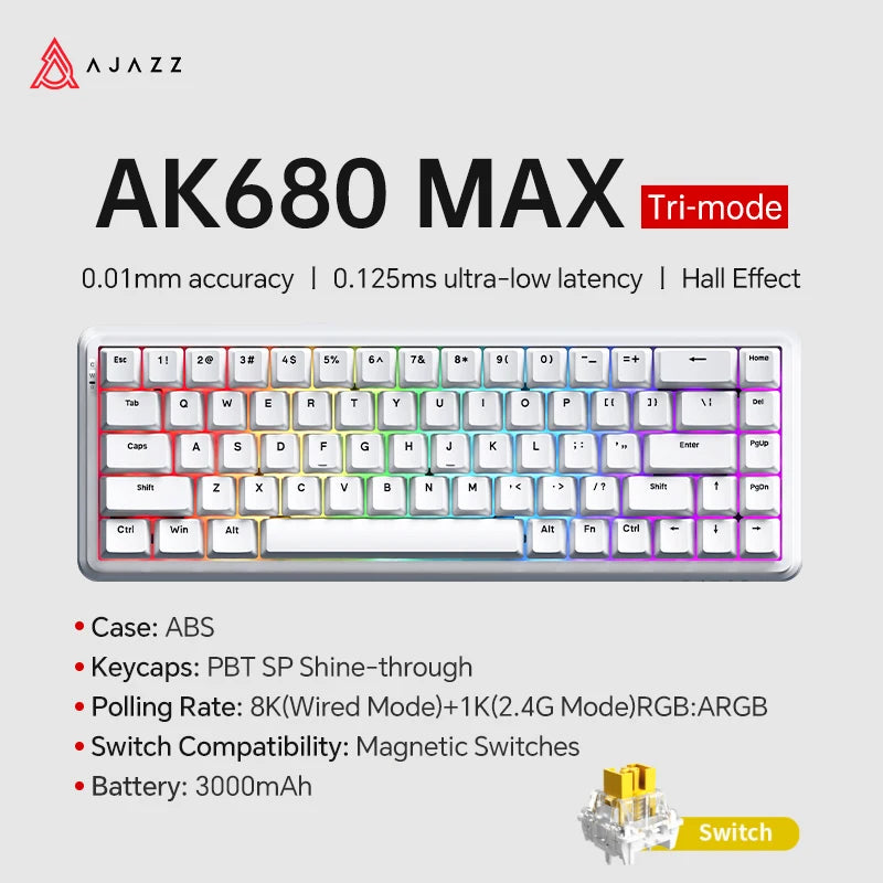 AJAZZ AK680 MAX Mechanische Tastatur mit Magnetischem Schalter, 60% Schnellschalter 0,01 mm 8K/1K Rückmeldung, 68 Tasten, kabelgebundene/kabellose Gaming-Tastatur