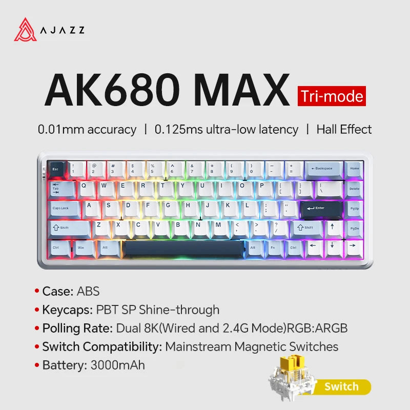 AJAZZ AK680 MAX Mechanische Tastatur mit Magnetischem Schalter, 60% Schnellschalter 0,01 mm 8K/1K Rückmeldung, 68 Tasten, kabelgebundene/kabellose Gaming-Tastatur