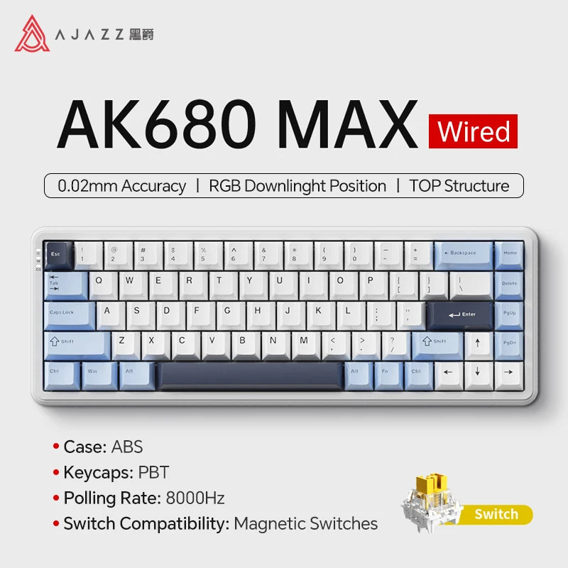 AJAZZ AK680 MAX Mechanische Tastatur mit Magnetischem Schalter, 60% Schnellschalter 0,01 mm 8K/1K Rückmeldung, 68 Tasten, kabelgebundene/kabellose Gaming-Tastatur