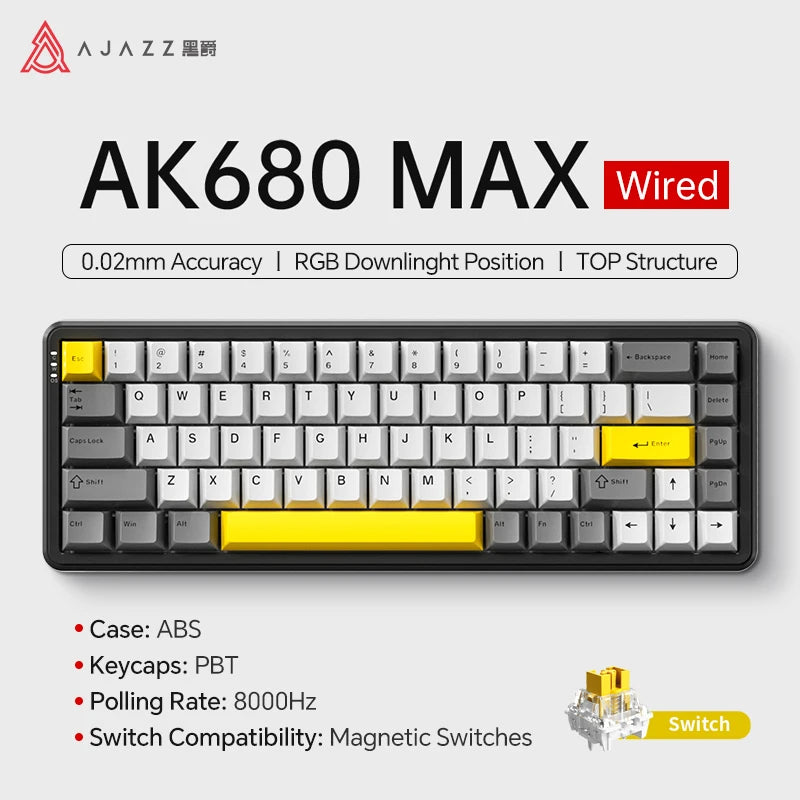AJAZZ AK680 MAX Mechanische Tastatur mit Magnetischem Schalter, 60% Schnellschalter 0,01 mm 8K/1K Rückmeldung, 68 Tasten, kabelgebundene/kabellose Gaming-Tastatur