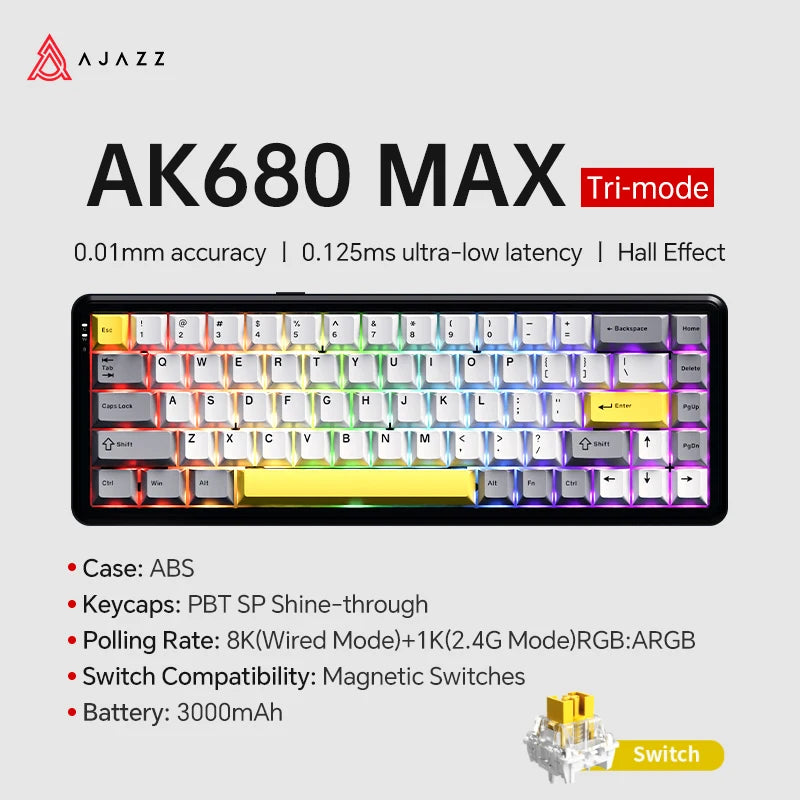 AJAZZ AK680 MAX Mechanische Tastatur mit Magnetischem Schalter, 60% Schnellschalter 0,01 mm 8K/1K Rückmeldung, 68 Tasten, kabelgebundene/kabellose Gaming-Tastatur