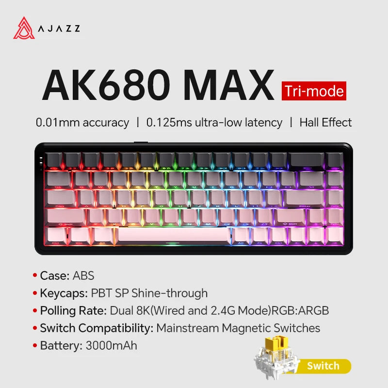 AJAZZ AK680 MAX Mechanische Tastatur mit Magnetischem Schalter, 60% Schnellschalter 0,01 mm 8K/1K Rückmeldung, 68 Tasten, kabelgebundene/kabellose Gaming-Tastatur