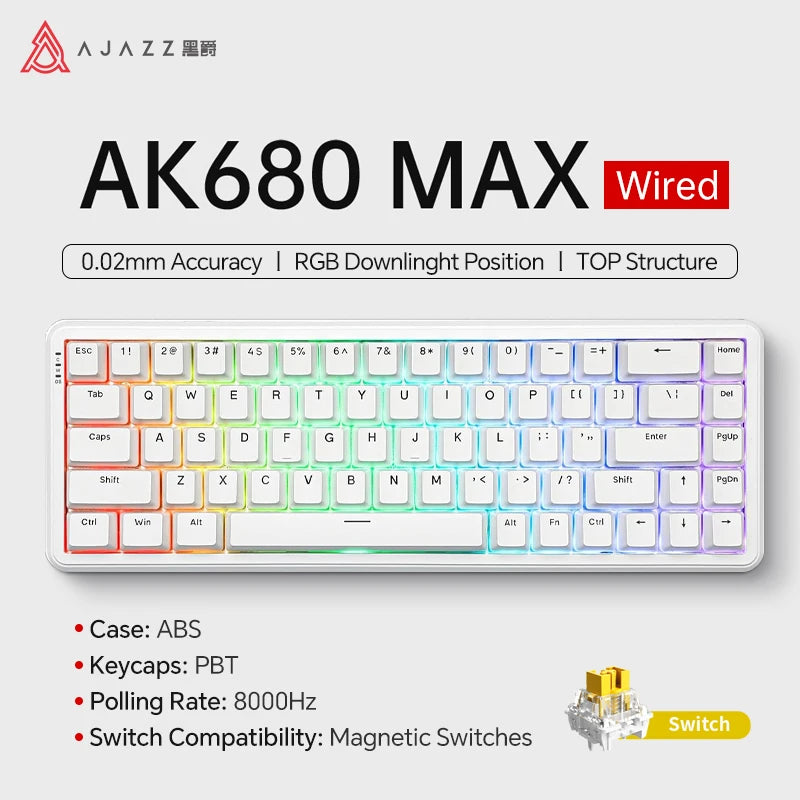 AJAZZ AK680 MAX Mechanische Tastatur mit Magnetischem Schalter, 60% Schnellschalter 0,01 mm 8K/1K Rückmeldung, 68 Tasten, kabelgebundene/kabellose Gaming-Tastatur