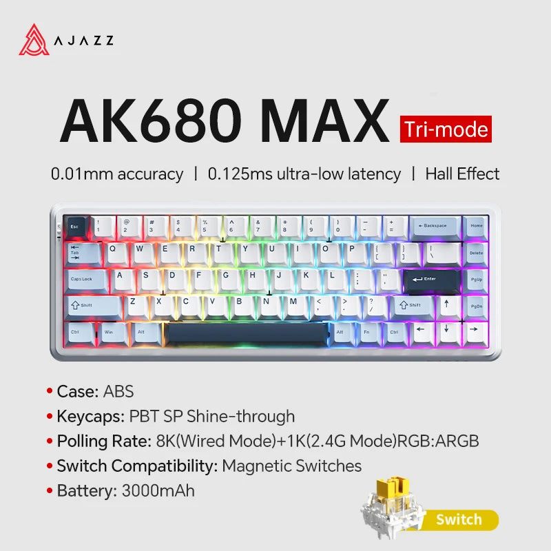 AJAZZ AK680 MAX Mechanische Tastatur mit Magnetischem Schalter, 60% Schnellschalter 0,01 mm 8K/1K Rückmeldung, 68 Tasten, kabelgebundene/kabellose Gaming-Tastatur
