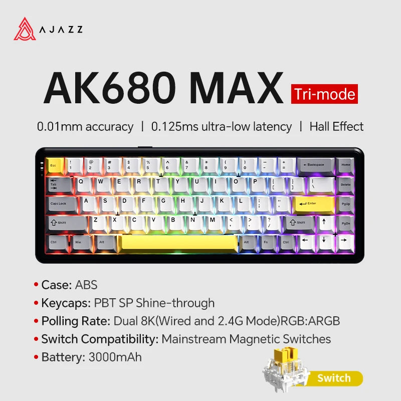 AJAZZ AK680 MAX Mechanische Tastatur mit Magnetischem Schalter, 60% Schnellschalter 0,01 mm 8K/1K Rückmeldung, 68 Tasten, kabelgebundene/kabellose Gaming-Tastatur