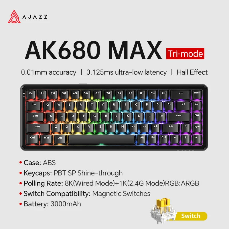 AJAZZ AK680 MAX Mechanische Tastatur mit Magnetischem Schalter, 60% Schnellschalter 0,01 mm 8K/1K Rückmeldung, 68 Tasten, kabelgebundene/kabellose Gaming-Tastatur